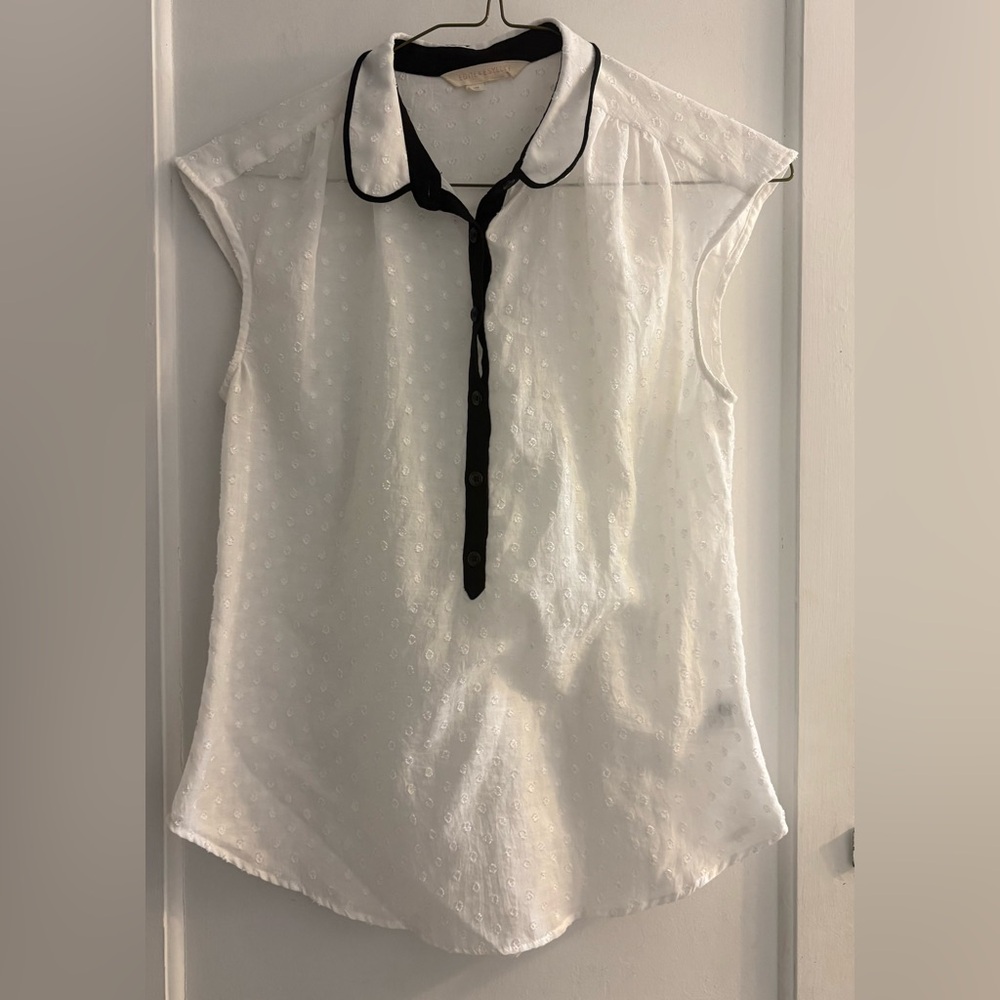 Anthropologie White Swiss Dot Cap Sleeve Blouse with Black Trim